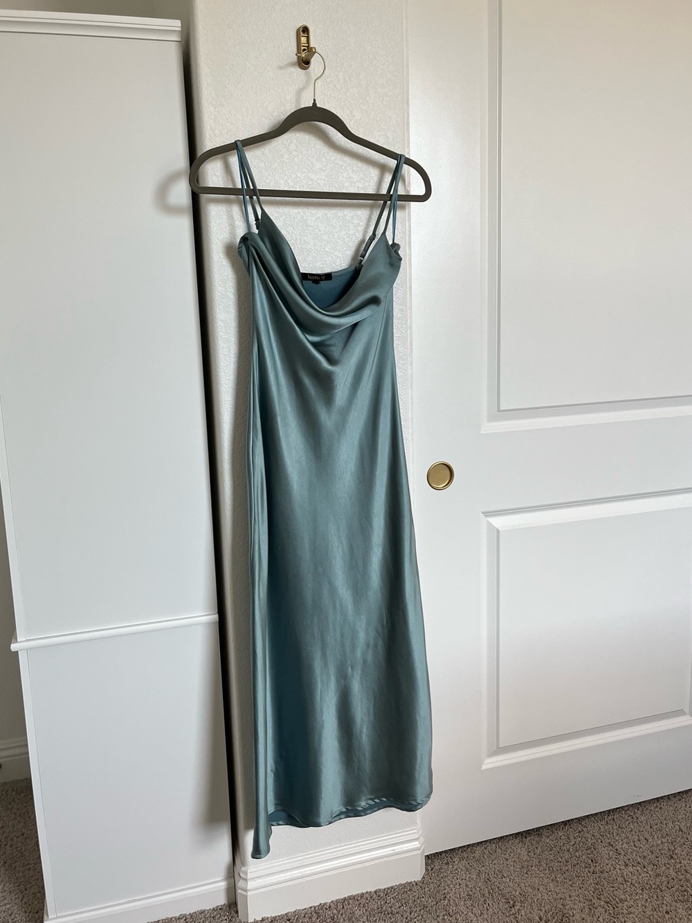 Vestis M Green Blue Spaghetti Strap Maxi Dress High Slit Ruffle Dress Small
